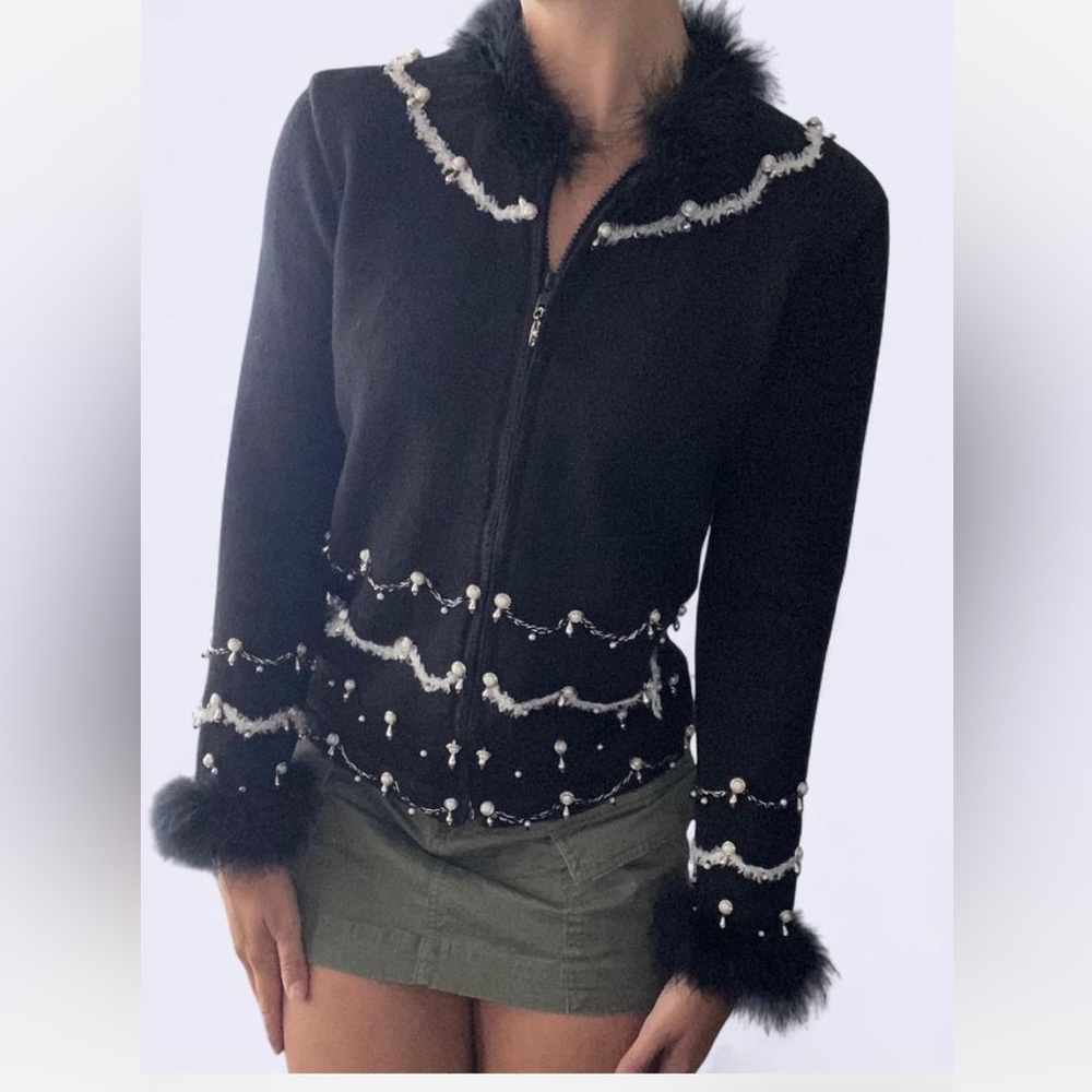 Women's Black Vintage Faux Fur Trim Knitted Sweater Jacket